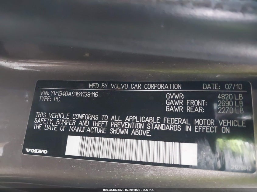 2011 Volvo S80 VIN YV1940AS1B1138116 IAAI salvage auction — Burn Engine, Clear (Virginia), sold $100 on 2026-08-20 (photo 9)
