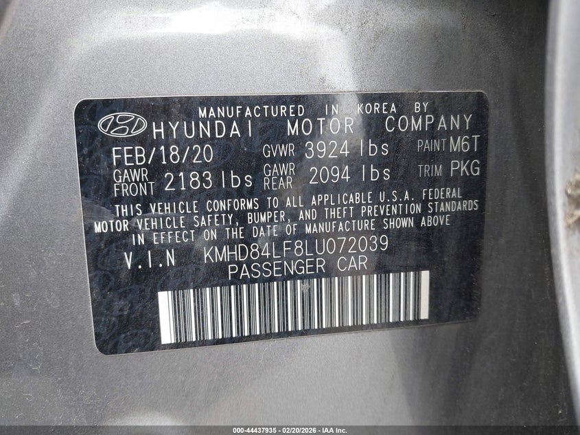 2020 Hyundai Elantra VIN KMHD84LF8LU072039 IAAI salvage auction — LEFT FRONT, Salvage (California), sold $3,350 on 2026-07-29 (photo 9)