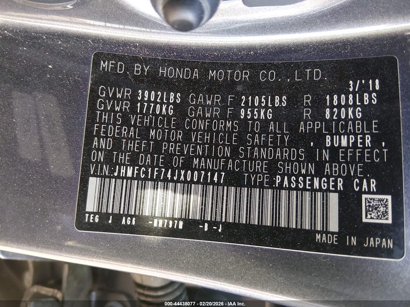 2018 Honda Civic VIN JHMFC1F74JX007147 IAAI salvage auction — REAR END, Salvage Title, sold $4,250 on 2026-07-10 (photo 9)