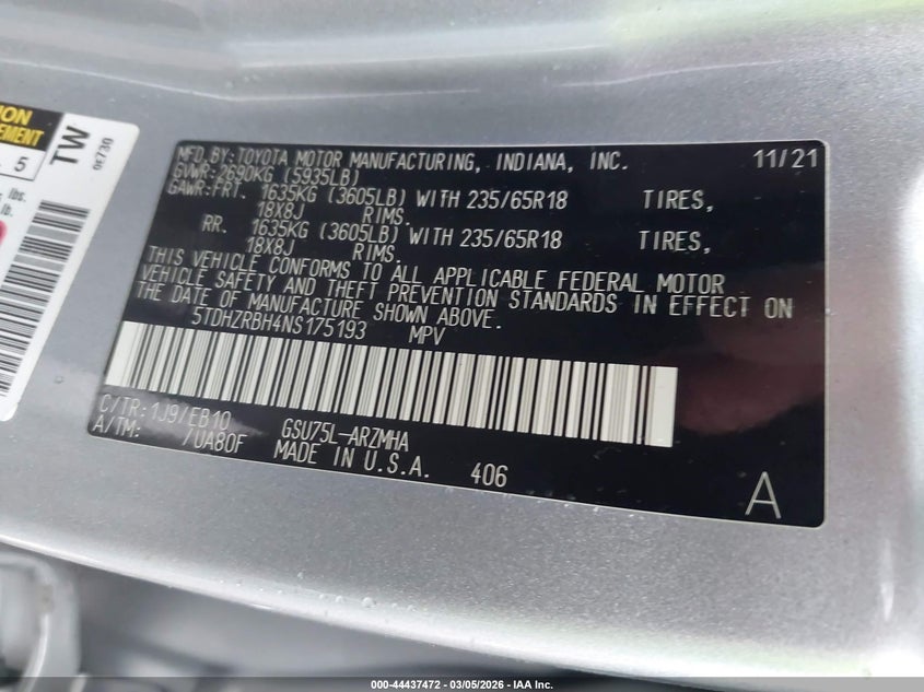 2022 Toyota Highlander VIN 5TDHZRBH4NS175193 IAAI salvage auction — RIGHT SIDE, Salvage Title, sold $15,100 on 2026-07-21 (photo 9)
