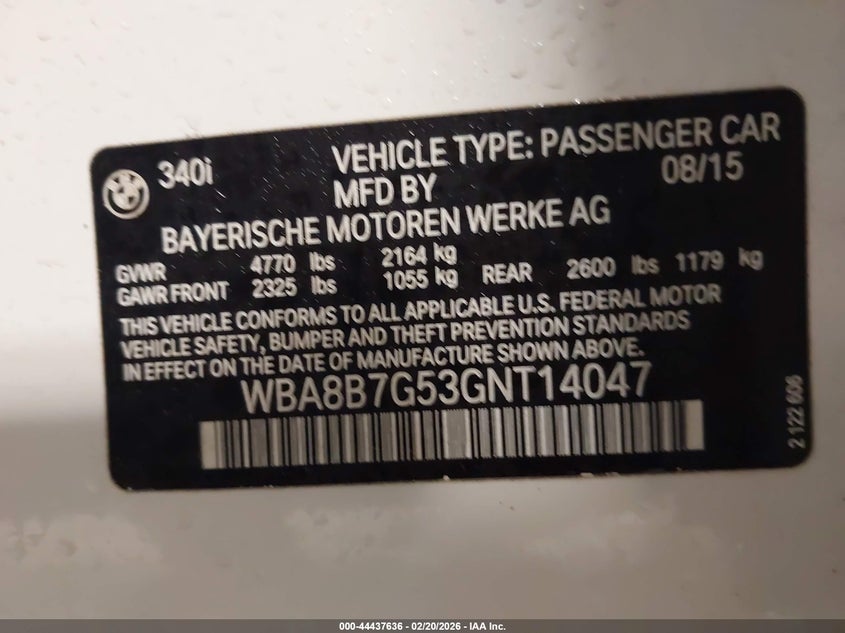 2016 BMW 3er VIN WBA8B7G53GNT14047 IAAI salvage auction — FRONT END, Salvage Title, sold $6,600 on 2026-07-21 (photo 9)