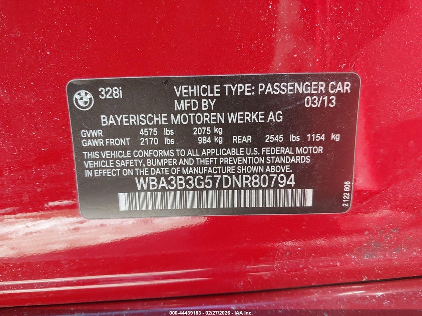 2013 BMW 3er VIN WBA3B3G57DNR80794 IAAI salvage auction — REAR END, Salvage Title, sold $825 on 2026-07-17 (photo 9)