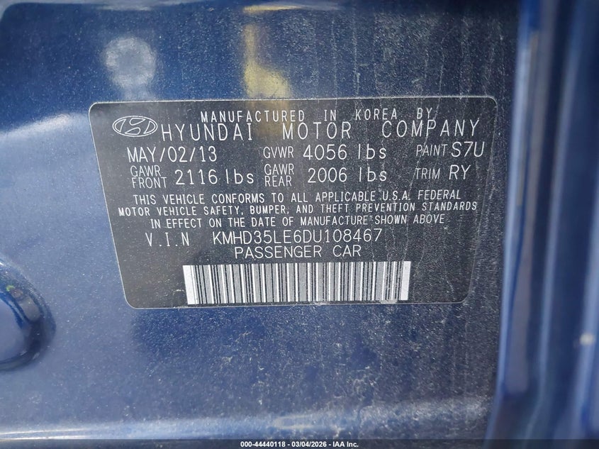 2013 Hyundai Elantra VIN KMHD35LE6DU108467 IAAI salvage auction — RIGHT SIDE, Salvage Title, sold $700 on 2026-07-08 (photo 9)