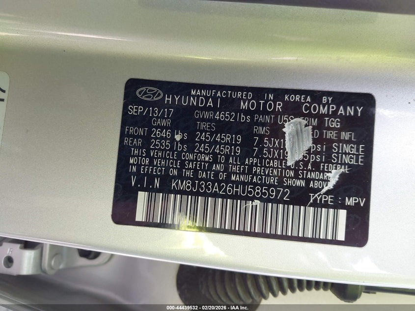 2017 Hyundai Tucson VIN KM8J33A26HU585972 IAAI salvage auction — FRONT & REAR, Salvage (Georgia), sold $1,150 on 2026-07-17 (photo 9)