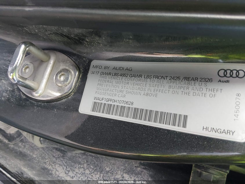 2017 Audi S3 VIN WAUF1GFF0H1070628 IAAI salvage auction — LEFT SIDE, Salvage Title, sold $3,550 on 2026-07-22 (photo 9)