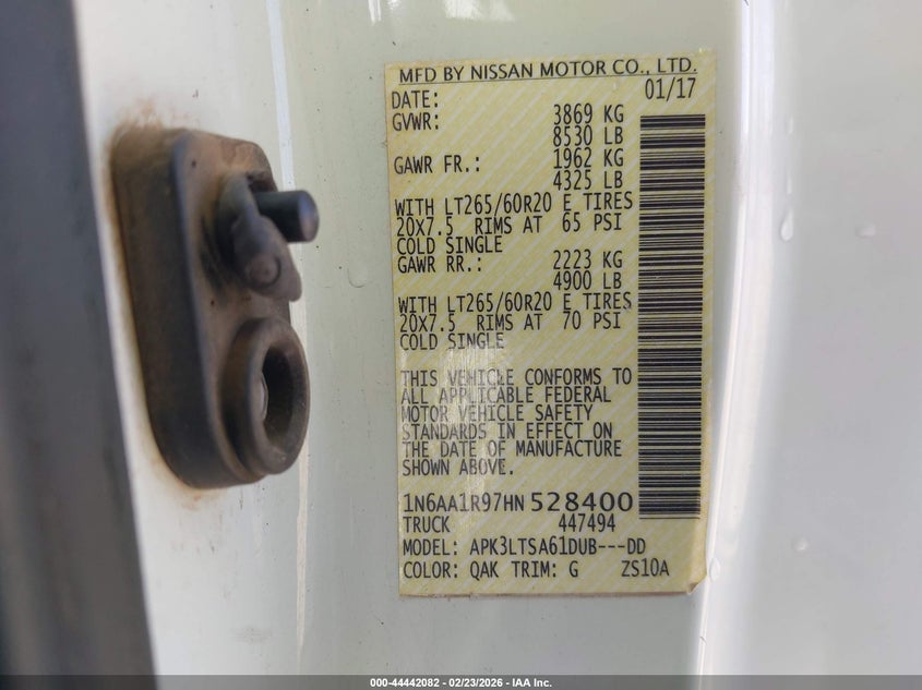 2017 Nissan TITAN VIN 1N6AA1R97HN528400 IAAI salvage auction — FRONT END, Salvage (New Mexico), sold $2,300 on 2026-08-01 (photo 9)