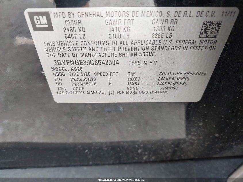 2012 Cadillac Srx VIN 3GYFNGE39CS542504 IAAI salvage auction — FRONT END, Salvage Title, sold $800 on 2026-07-09 (photo 9)