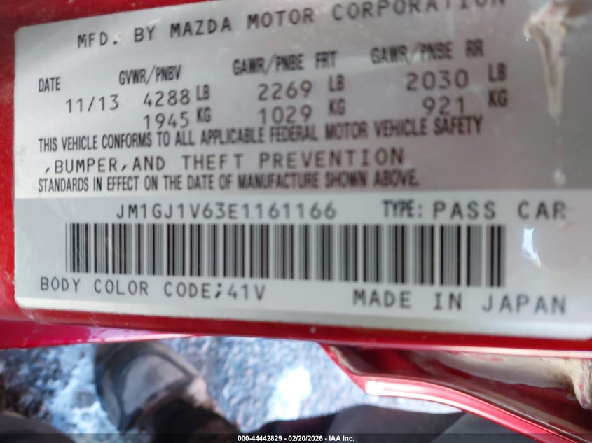 2014 Mazda 6 VIN JM1GJ1V63E1161166 IAAI salvage auction — FRONT END, Salvage Title, sold $2,525 on 2026-08-26 (photo 9)