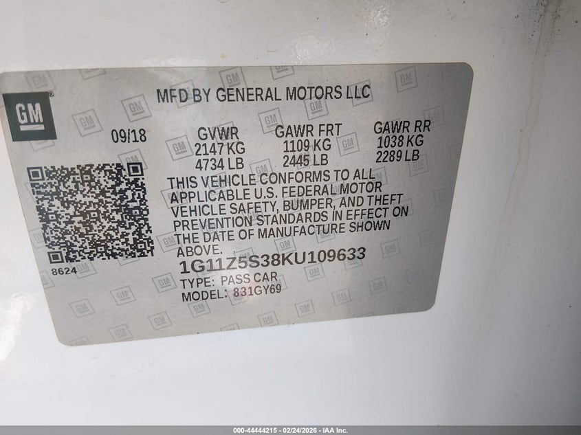 2019 Chevrolet Impala VIN 1G11Z5S38KU109633 IAAI salvage auction — FRONT END, Salvage Title, sold $1,900 on 2026-07-21 (photo 9)