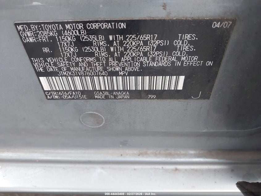 2007 Toyota Rav4 VIN JTMZK31V876007640 IAAI salvage auction — FRONT END, Clear (South Carolina), sold $150 on 2026-07-21 (photo 9)