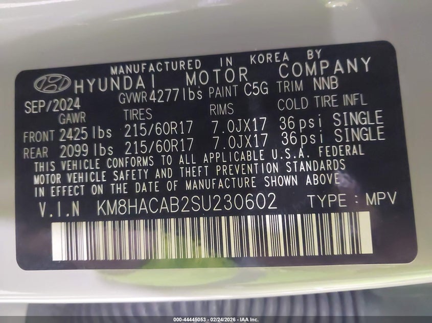 2025 Hyundai Kona VIN KM8HACAB2SU230602 IAAI salvage auction — FRONT END, Mv-907A (New York), sold $7,200 on 2026-07-29 (photo 9)