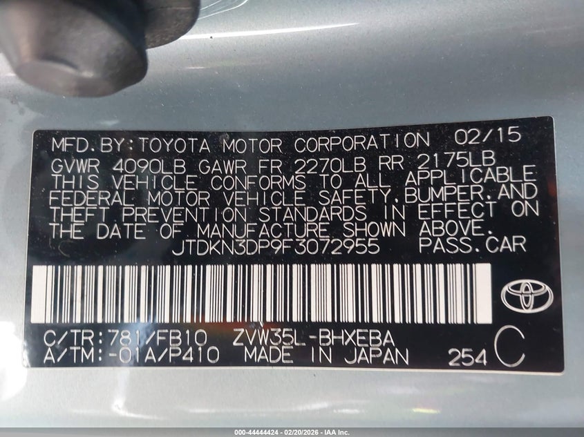 2015 Toyota Prius VIN JTDKN3DP9F3072955 IAAI salvage auction — FRONT END, Salvage Title, sold $1,875 on 2026-07-15 (photo 9)