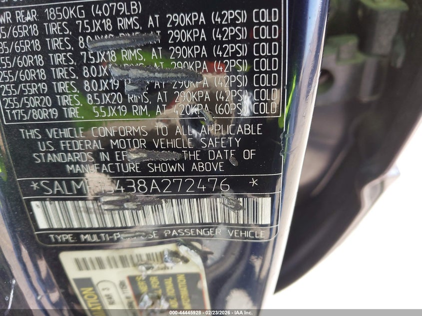 2008 Land rover RANGE ROVER VIN SALMF15438A272476 IAAI salvage auction — FRONT END, Salvage (Texas), sold $700 on 2026-07-08 (photo 9)
