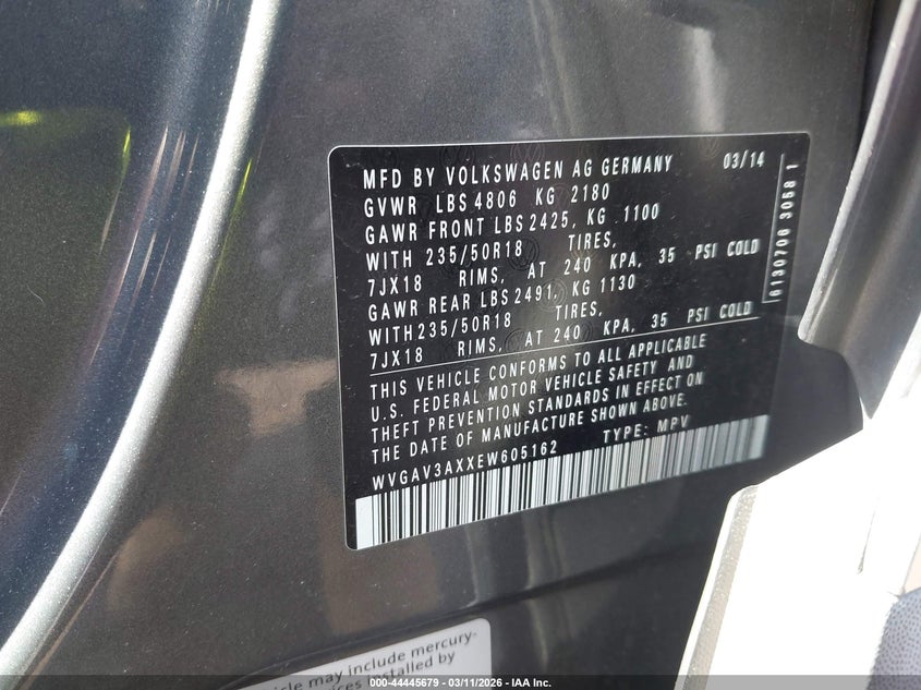 2014 Volkswagen Tiguan VIN WVGAV3AXXEW605162 IAAI salvage auction — LEFT FRONT, Salvage Title, sold $1,050 on 2026-07-10 (photo 9)