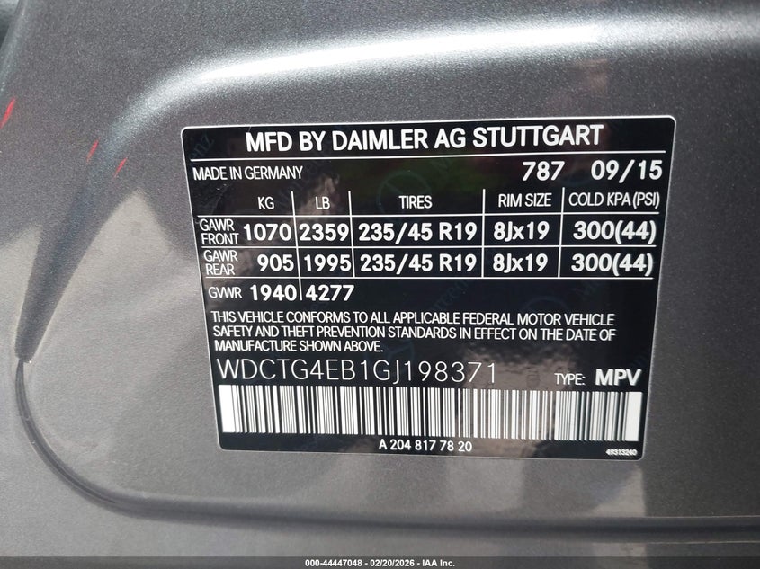 2016 Mercedes-benz Gla-klasse VIN WDCTG4EB1GJ198371 IAAI salvage auction — RIGHT SIDE, Salvage (Hawaii), sold $2,650 on 2026-08-11 (photo 9)