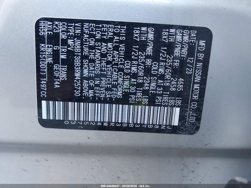 2024 Nissan Rogue VIN JN8BT3BB3RW425730 IAAI salvage auction — FRONT END, Salvage Title, sold $5,050 on 2026-07-08 (photo 9)
