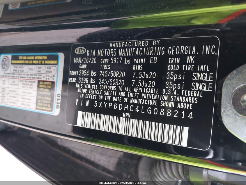 2020 Kia Telluride VIN 5XYP6DHC4LG088214 IAAI salvage auction — FRONT END, Salvage Title, sold $3,500 on 2026-07-28 (photo 9)