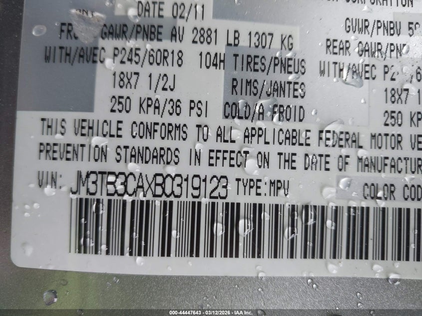 2011 Mazda Cx-9 VIN JM3TB3CAXB0319123 IAAI salvage auction — REAR END, Clear (Virginia), sold $25 on 2026-07-27 (photo 9)