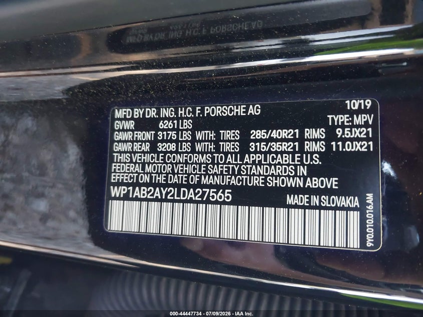 2020 Porsche Cayenne VIN WP1AB2AY2LDA27565 IAAI salvage auction — UNKNOWN, Salvage (Georgia), sold $16,000 on 2026-07-30 (photo 9)