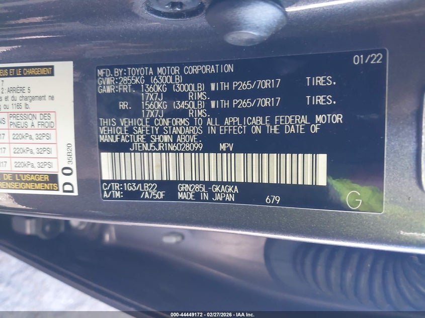 2022 Toyota 4runner VIN JTENU5JR1N6028099 IAAI salvage auction — FRONT END, Mv-907A (New York), sold $14,900 on 2026-07-14 (photo 9)