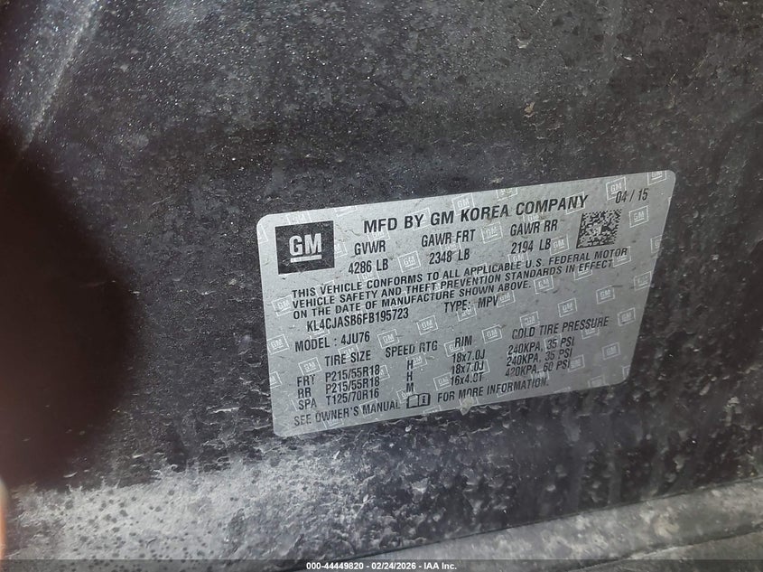 2015 Buick Encore VIN KL4CJASB6FB195723 IAAI salvage auction — FRONT END, Salvage Title, sold $1,150 on 2026-07-07 (photo 9)
