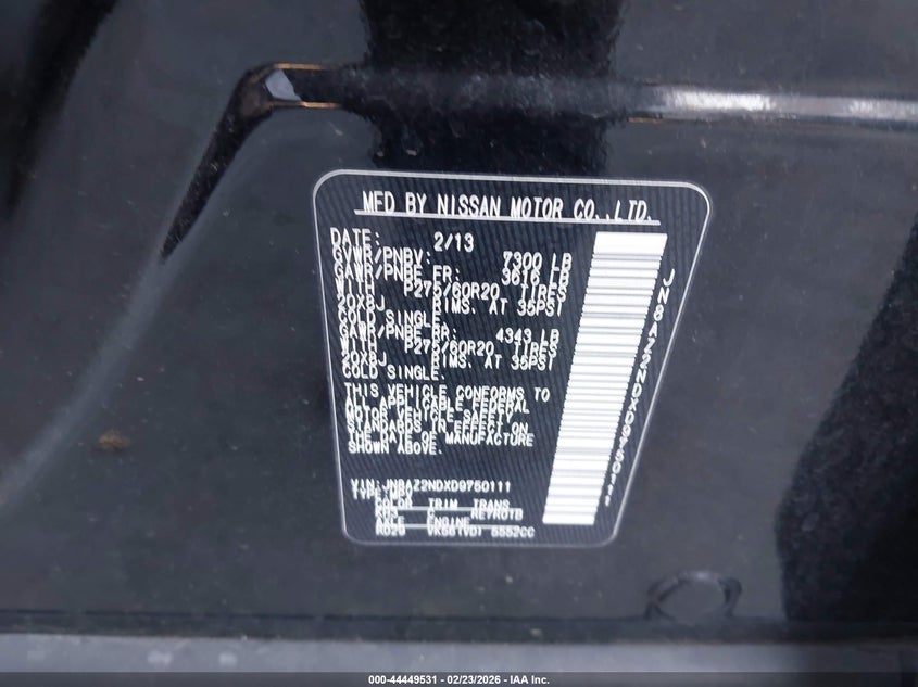 2013 Infiniti Qx56 VIN JN8AZ2NDXD9750111 IAAI salvage auction — LEFT FRONT, Salvage Title, sold $1,600 on 2026-07-11 (photo 9)
