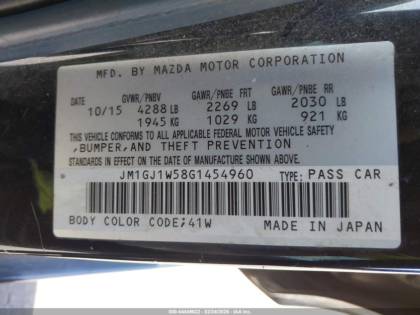 2016 Mazda 6 VIN JM1GJ1W58G1454960 IAAI salvage auction — LEFT & RIGHT, Original (Texas), sold $1,275 on 2026-07-06 (photo 9)