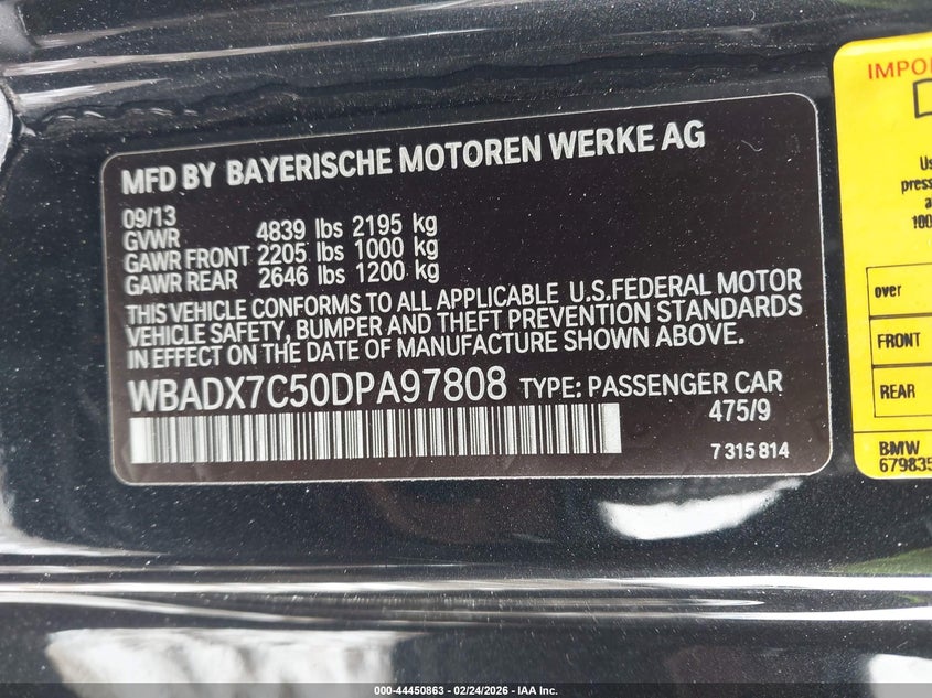 2013 BMW 3 series VIN WBADX7C50DPA97808 IAAI salvage auction — LEFT FRONT, Salvage (Pennsylvania), sold $850 on 2026-07-08 (photo 9)