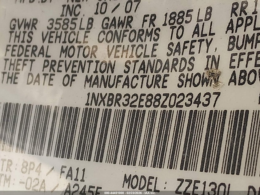 2008 Toyota Corolla VIN 1NXBR32E88Z023437 IAAI salvage auction — FRONT & REAR, Original (Texas), sold $1,100 on 2026-07-10 (photo 9)
