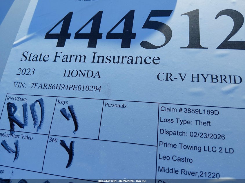 2023 Honda Cr-v VIN 7FARS6H94PE010294 IAAI salvage auction — UNKNOWN, Salvage (Pennsylvania), sold $5,600 on 2026-07-18 (photo 9)