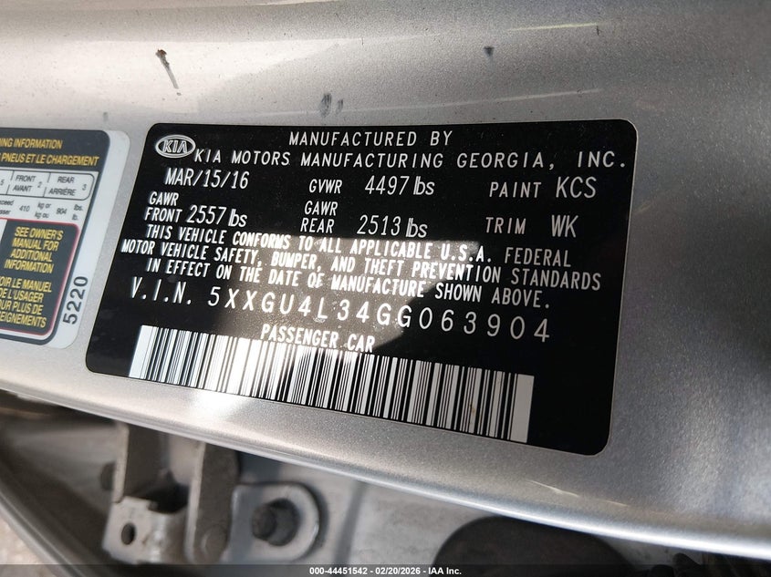 2016 Kia Optima VIN 5XXGU4L34GG063904 IAAI salvage auction — FRONT & REAR, Bill Of Sale (Indiana), sold $600 on 2026-07-08 (photo 9)
