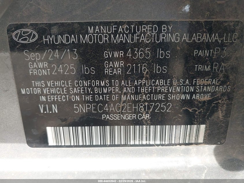 2014 Hyundai Sonata VIN 5NPEC4AC2EH817252 IAAI salvage auction — REAR END, Original (Texas), sold $1,175 on 2026-07-16 (photo 9)