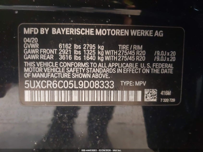 2020 BMW X5 VIN 5UXCR6C05L9D08333 IAAI salvage auction — MECHANICAL, Salvage Title, sold $17,100 on 2026-08-02 (photo 9)