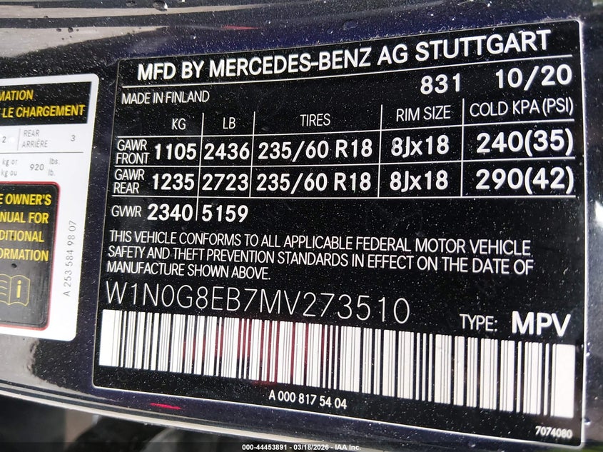 2021 Mercedes-benz Glc VIN W1N0G8EB7MV273510 IAAI salvage auction — FRONT END, Salvage Title, sold $5,550 on 2026-08-23 (photo 9)