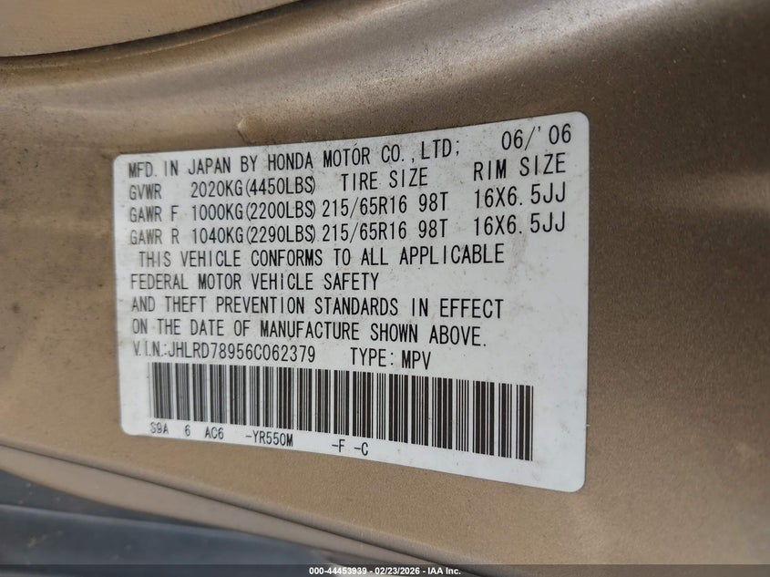 2006 Honda Cr-v VIN JHLRD78956C062379 IAAI salvage auction — FRONT END, Salvage (California), sold $1,375 on 2026-07-15 (photo 9)