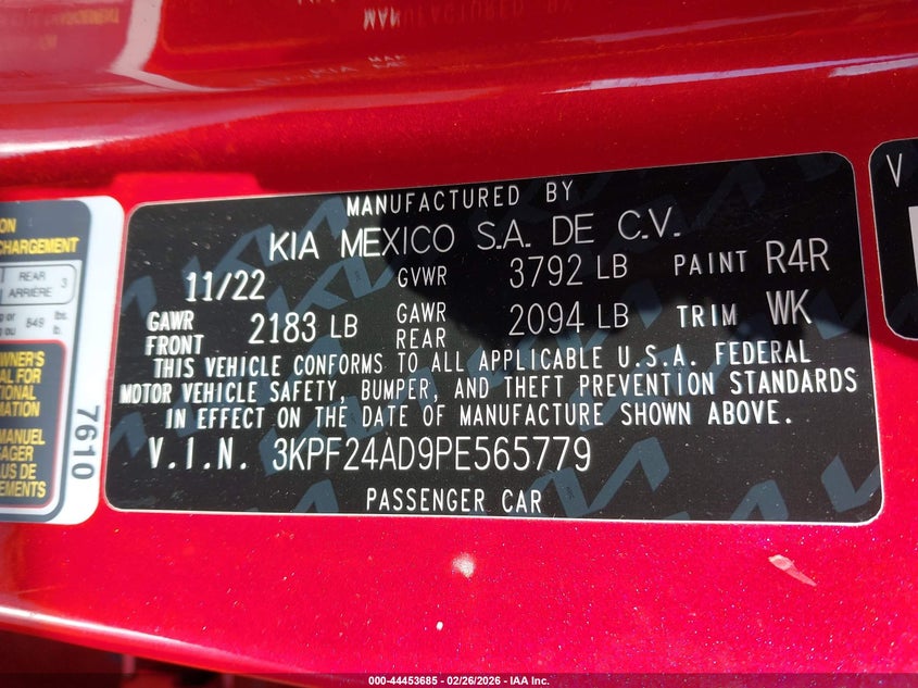 2023 Kia Forte VIN 3KPF24AD9PE565779 IAAI salvage auction — FRONT END, Salvage Title, sold $1,850 on 2026-07-10 (photo 9)