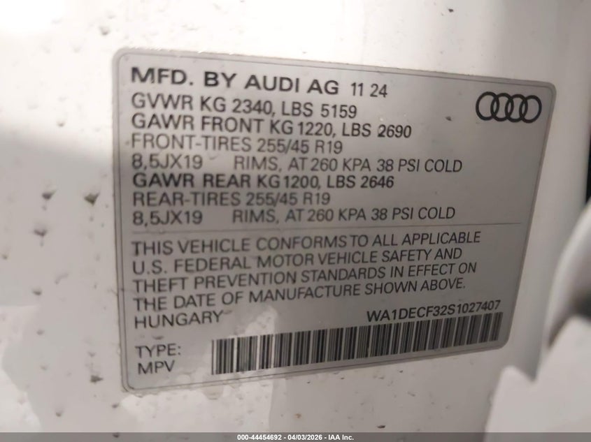 2025 Audi Q3 VIN WA1DECF32S1027407 IAAI salvage auction — FRONT END, Wait Title, sold $13,775 on 2026-08-25 (photo 9)