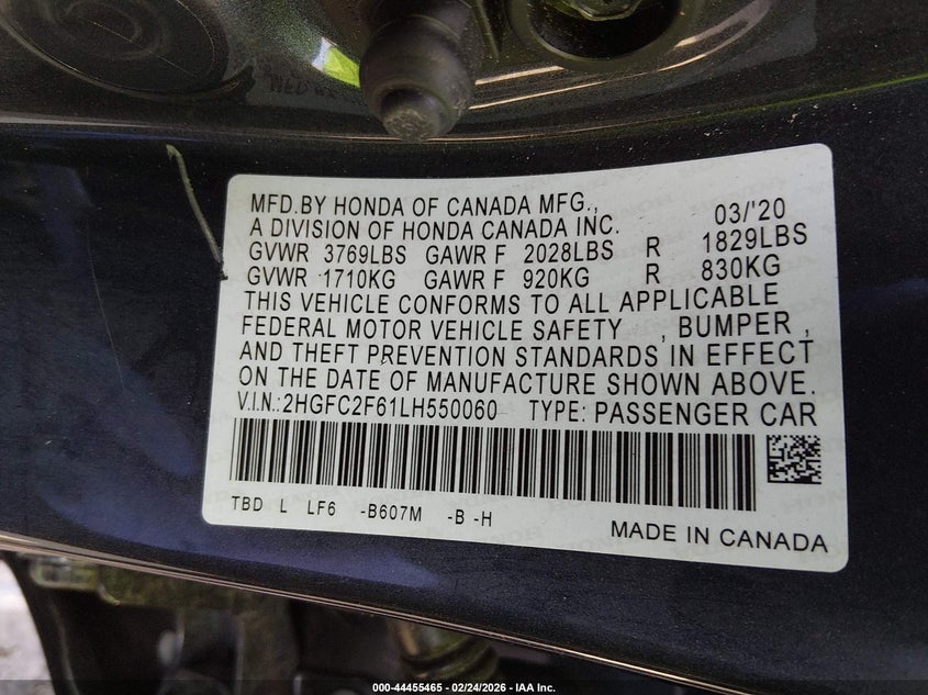 2020 Honda Civic VIN 2HGFC2F61LH550060 IAAI salvage auction — LEFT & RIGHT, Salvage Title, sold $2,300 on 2026-07-31 (photo 9)