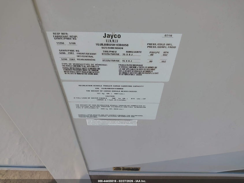 2017 Jayco Other VIN 1UJBJ0BU5H1EB0058 IAAI salvage auction — ROOF, Clear (Oklahoma), sold $3,050 on 2026-07-09 (photo 9)
