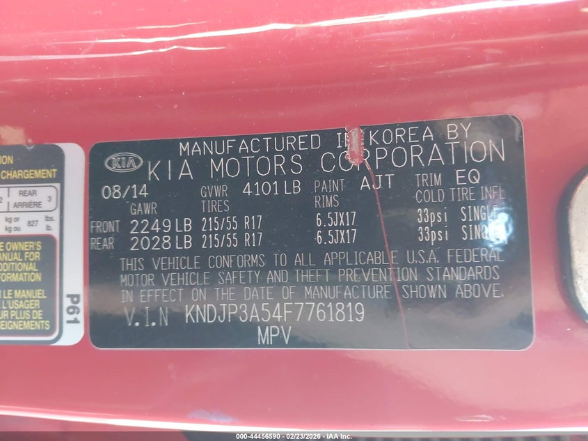 2015 Kia Soul VIN KNDJP3A54F7761819 IAAI salvage auction — FRONT & REAR, Salvage Title, sold $25 on 2026-07-21 (photo 9)