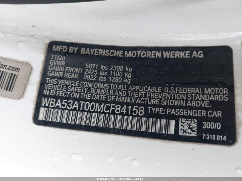 2021 BMW 4er VIN WBA53AT00MCF84158 IAAI salvage auction — FRONT END, Salvage Title, sold $18,375 on 2026-08-18 (photo 9)