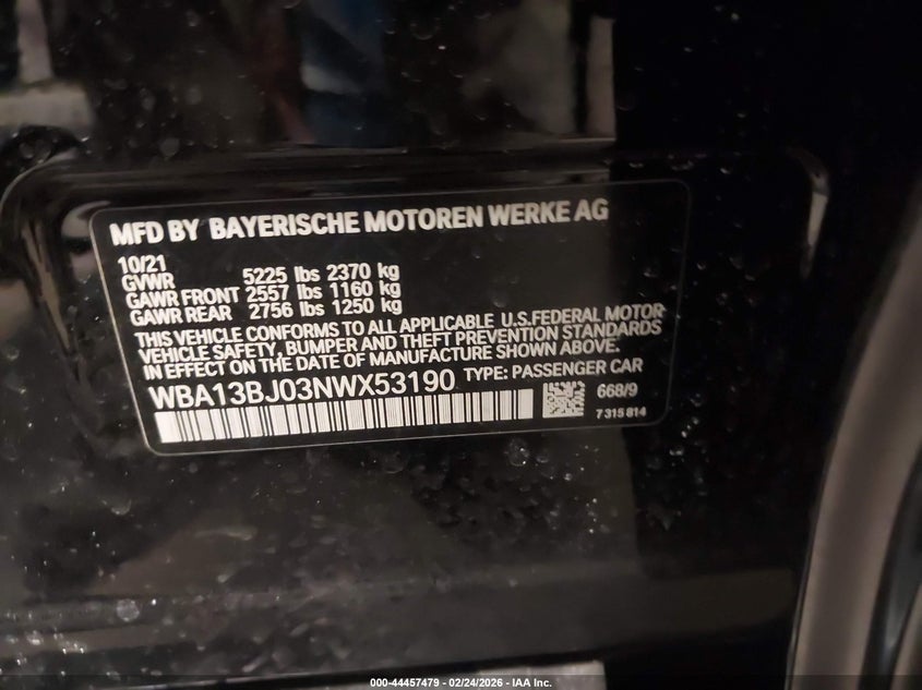 2022 BMW 5er VIN WBA13BJ03NWX53190 IAAI salvage auction — LEFT SIDE, Salvage Title, sold $17,675 on 2026-09-01 (photo 9)