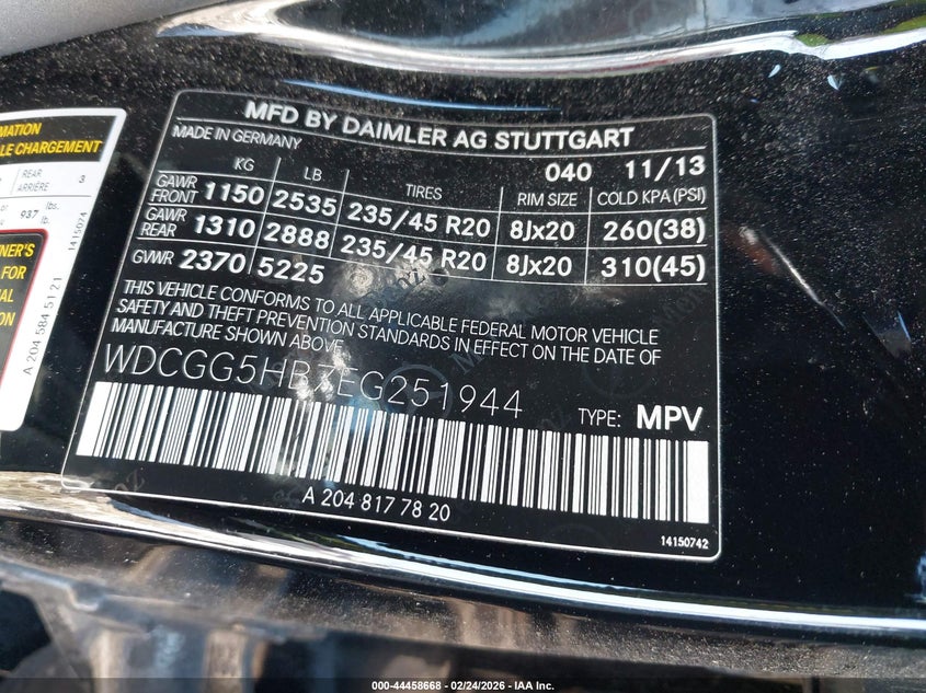 2014 Mercedes-benz Glk-klasse VIN WDCGG5HB7EG251944 IAAI salvage auction — FRONT & REAR, Salvage Title, sold $3,050 on 2026-08-18 (photo 9)