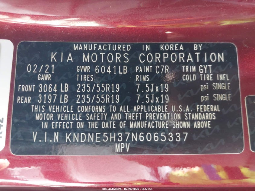 2022 Kia Carnival VIN KNDNE5H37N6065337 IAAI salvage auction — SIDE, Salvage Title, sold $6,800 on 2026-07-15 (photo 9)