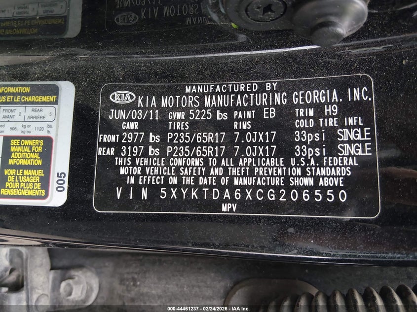 2012 Kia Sorento VIN 5XYKTDA6XCG206550 IAAI salvage auction — FRONT END, Salvage (Utah), sold $875 on 2026-07-09 (photo 9)