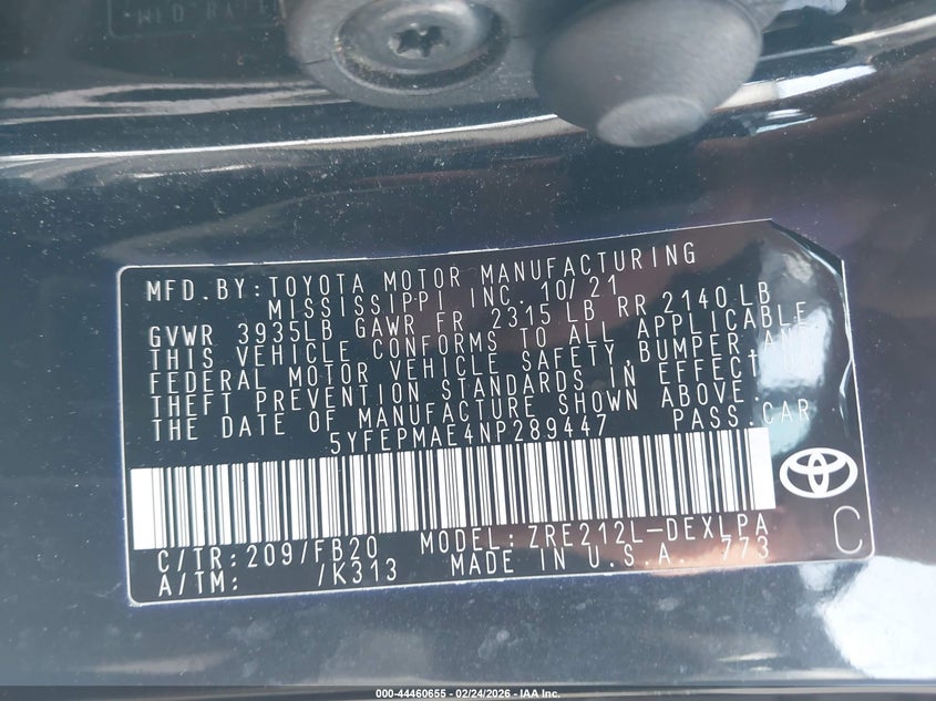 2022 Toyota Corolla VIN 5YFEPMAE4NP289447 IAAI salvage auction — RIGHT SIDE, Salvage - 75% Or Less (Maryland), sold $25 on 2026-07-21 (photo 9)