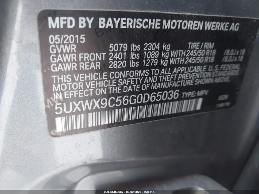 2016 BMW X3 VIN 5UXWX9C56G0D65036 IAAI salvage auction — SIDE, Other, sold $3,650 on 2026-07-10 (photo 9)