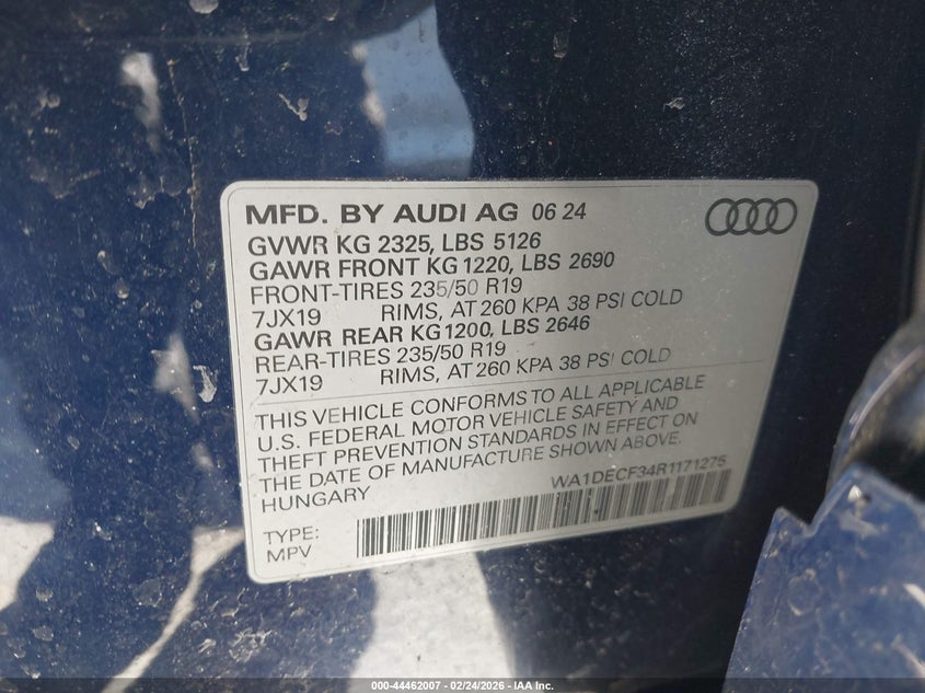 2024 Audi Q3 VIN WA1DECF34R1171275 IAAI salvage auction — ROLLOVER, Salvage - Greater Than 75% (Maryland), sold $3,950 on 2026-07-23 (photo 9)