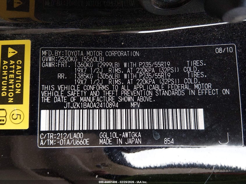 2010 Lexus Rx VIN JTJZK1BA0A2410894 IAAI salvage auction — FRONT END, Salvage (North Carolina), sold $2,250 on 2026-07-15 (photo 9)