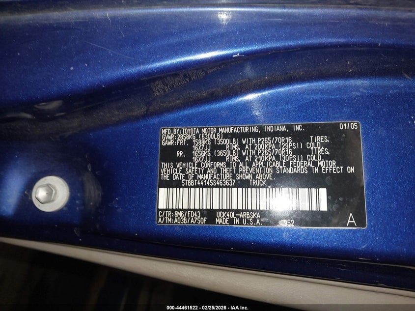 2005 Toyota Tundra VIN 5TBBT44145S463637 IAAI salvage auction — FRONT END, Clear (Georgia), sold $2,200 on 2026-07-08 (photo 9)